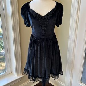 Black Velvet and Lace Gothic Mini Dress Short Sleeve